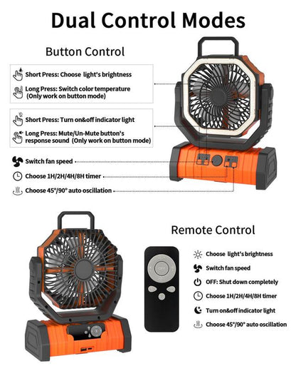 20000Mah Camping Fan LED Light, Auto-Oscillating Desk Fan Remote & Hook, Rechargeable Battery Operated Outdoor Tent Fan Timer, 4 Speeds USB Fan for Camp Travel Charging Mobile Portable Compact Noise Portablefan Powerbank