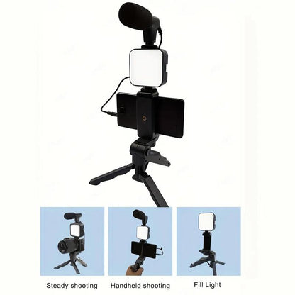 5-in-1 LED Selfie Tripod with Microphone and Fill Light, Battery-Operated Handheld Tripod with Phone Holder, Professional Selfie Accessories for Home and Travel