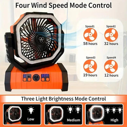 20000Mah Camping Fan LED Light, Auto-Oscillating Desk Fan Remote & Hook, Rechargeable Battery Operated Outdoor Tent Fan Timer, 4 Speeds USB Fan for Camp Travel Charging Mobile Portable Compact Noise Portablefan Powerbank